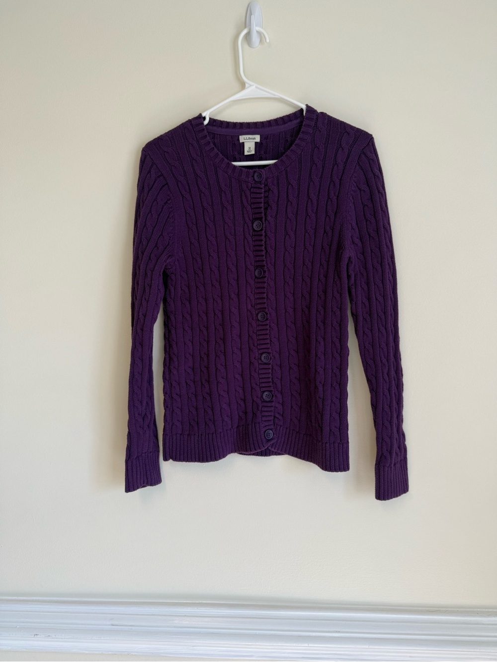 L.L. Bean Women’s Deep Purple Cable Knit Button-Front Cardigan